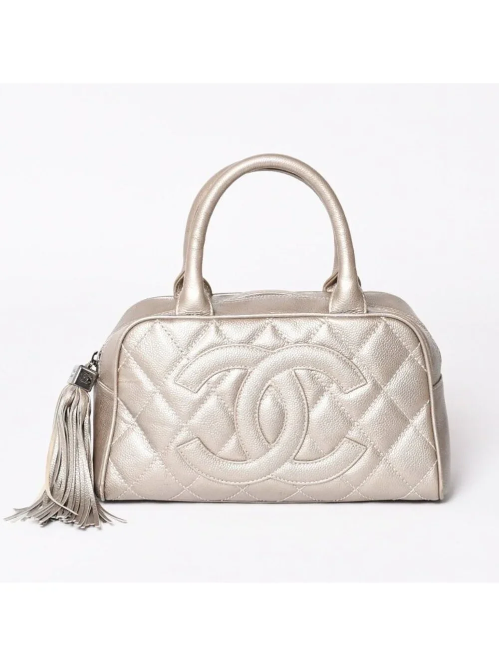 Chanel Quilted CC Logo Mini Boston Bag Caviar Leather Blanc Style Gold Silver